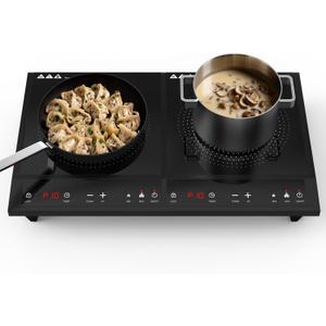 Double Induction Cooktop, Portable Induction Cooker with 2 Burner Independent Control, Ultrathin Body, 10 Temperature, 1800W-Multiple Power Levels, 3-Hour Timer, Safety Lock