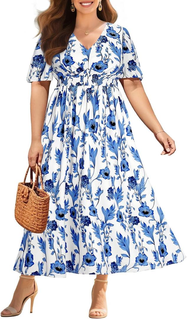 Women Plus Size Summer Wedding Guest Dress - Easter Spring Floral Maxi Long Dress (Blue Floral White) 18w