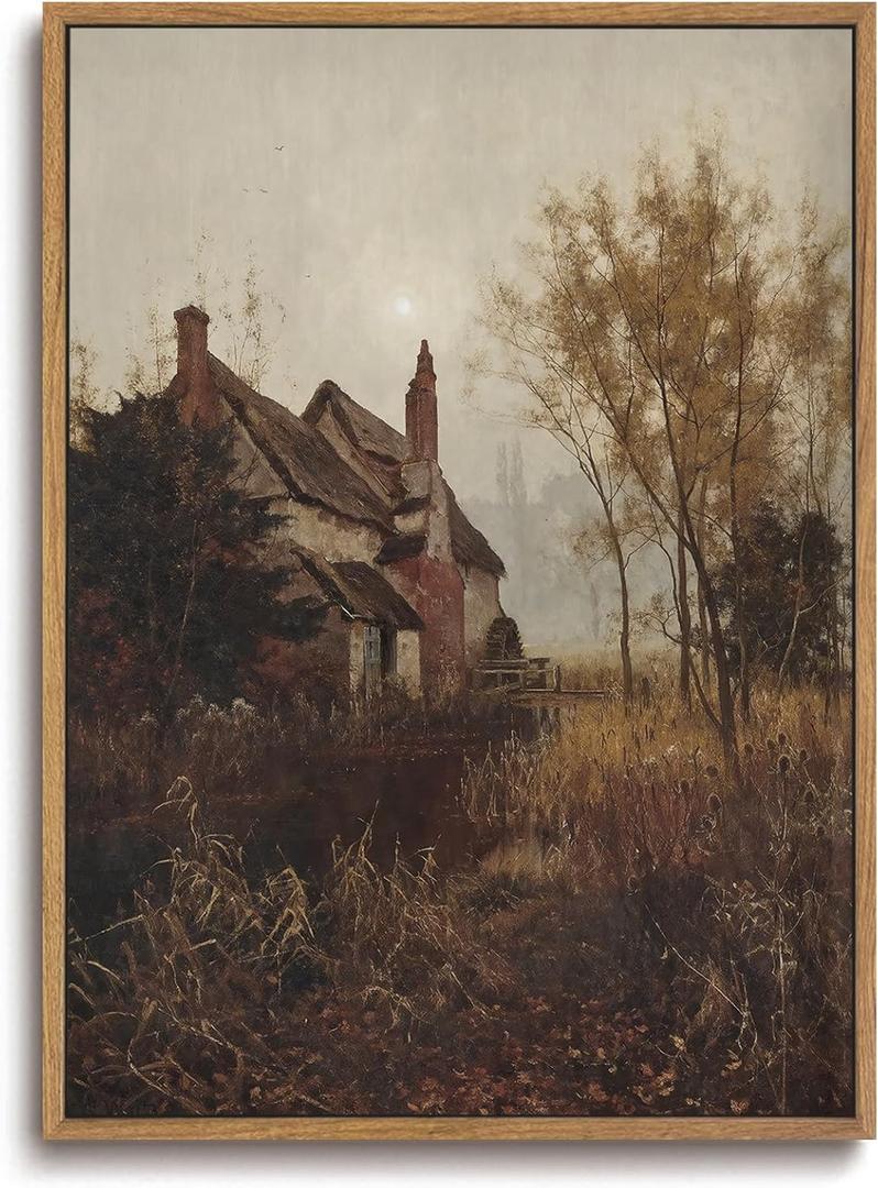 ZZLWBKGL Vintage Framed Wall Art Moody Canvas Art Rustic Farmhouse Cottagecore Pictures Wall Decor Landscape Art Prints for Living Room Study Bedroom (16"L x 12"W)
