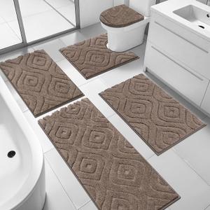 Ileading Bathroom Rugs Sets 5 Piece, Ultra Soft Absorbent Bath Mat for Bathroom, Non Slip Washable Bath Rug Set with Toilet Cover, Plush Bath Runner and U-Shaped Contour Toilet Rug, Coffee, 18"x26"+20"x32"+20"x48"+U20"x24"+Cover19"x21