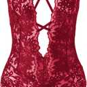SOLY HUX Women's One Piece Lingerie Sexy Lace Babydoll Deep V Teddy Criss Cross Backless Teddy Mini Bodysuit (Red, S)