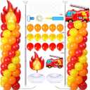2 Sets Fire Party Balloon Column Stand Kit With 102 Fire Truck Foil Balloons 5.57Ft Adjustable Balloon Tower Stand With Base Adjustable Arch Column for Firefighter Rescue Birthday Party Supplies