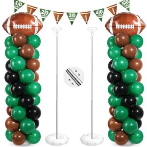 2 Sets Football Party Balloon Column Stand Kit with 2 Football Foil Balloons 90 Latex Balloons and Banner, Adjustable Balloon Stands for Sports Game Birthday Party Themed Decoration