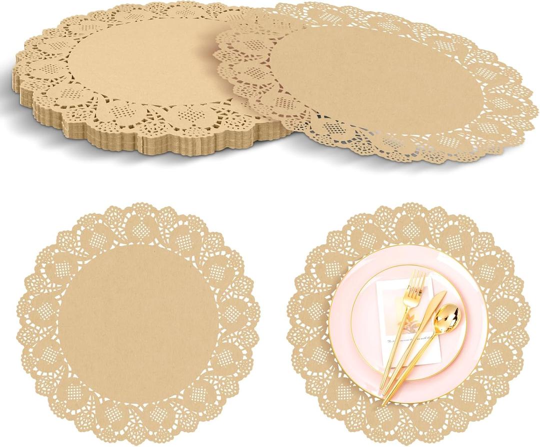 DI QIU REN 200 Pack 13.5 Inch Round Brown Kraft Paper Doilies - Scalloped Lace Table Mats, Disposable Rustic Placemats Decorative Table Pads for Tables Weddings, Parties, Cakes, Food & Crafts