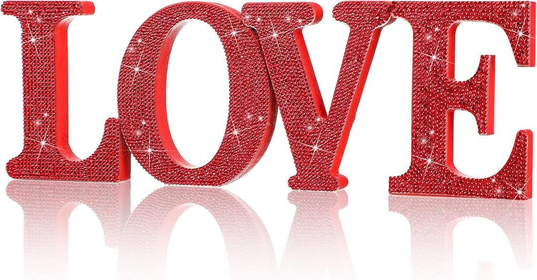 Wood Valentine's Day Table Decorations Freestanding Block Red Cutout Letters with Rhinestone Decor for Valentine's Day Anniversary Wedding Party Favor(Love)