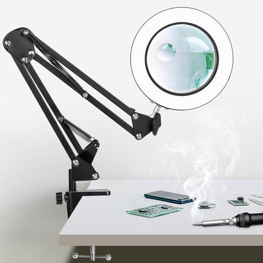 KIRKAS 12X & 30X Magnifying Glass with Light, 72 LEDs Desktop Magnifying Lamp, 10 Dimmable Brightness 3 Color Modes, Adjustable Swivel Arm Lighted Magnifier Lamp for Repair, Craft, Close Work - Black