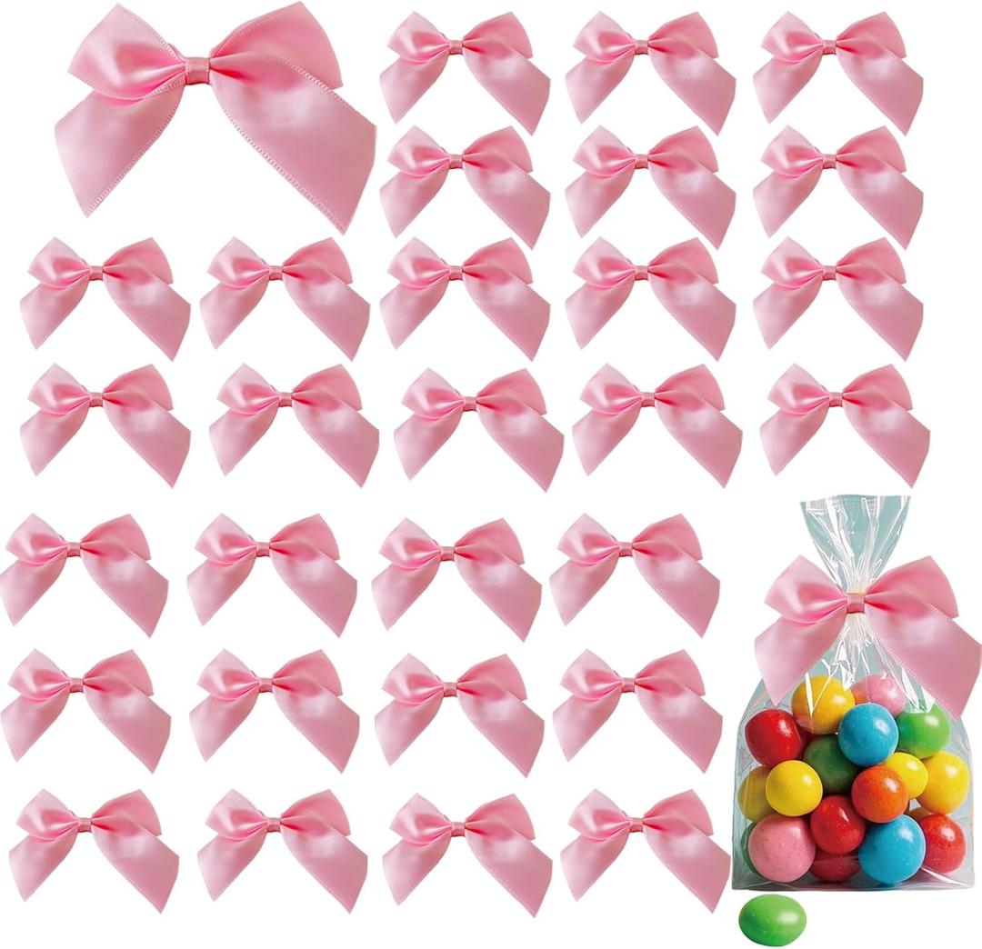 50PCS Pink Satin Ribbon Bows, Pink Bows for Gift Wrapping, Pink Bows Twist Tie Bows with Double-Sided Tape for Treat Bags Wrapping for Baby Shower Wedding Decorations(2.7x2.5 Inch)