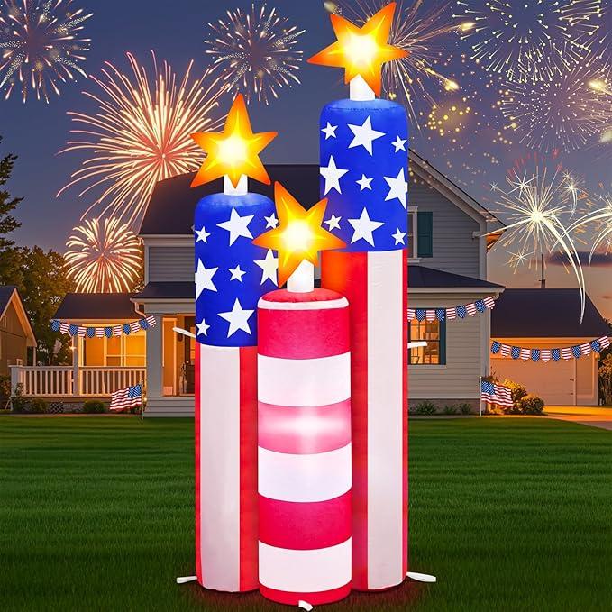Patriotic 4th of July Inflatables Outdoor Decorations 3 Gnomes Holding Flag, Rocket and Star, Built in LED Lights Blow Up Yard Decor for 250th Anniversary Parade Lawn Garden Party