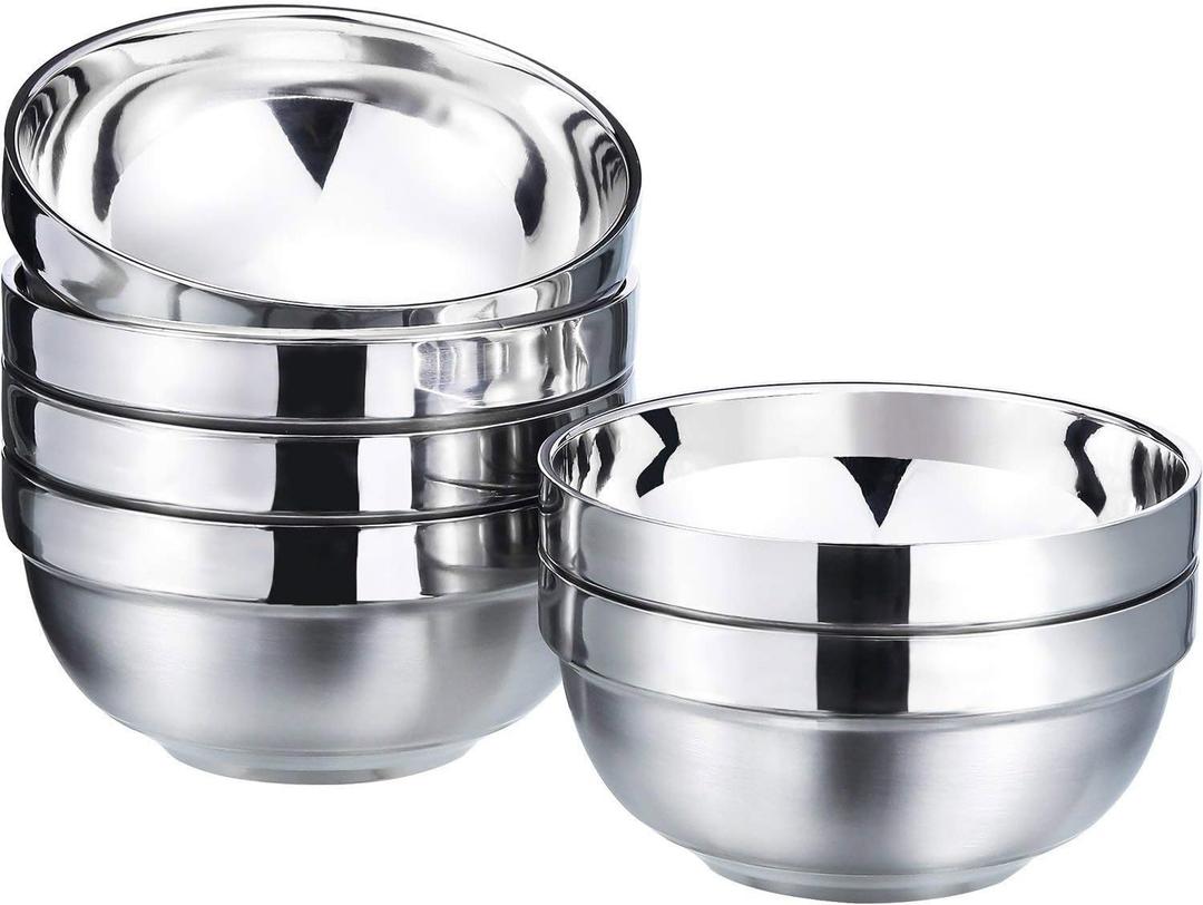 6 Pack 304 Stainless Steel Bowls for Kids and Adults, 13 oz Double-walled Insulated Snack and Cereal Bowl, Durable Metal Kitchen Bowl for Soup, Salad, Breakfast, Lunch, Dinner, Silver, Dishwasher Safe