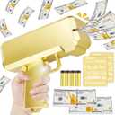 Gold Money Gun Shooter and 201 PCS Props (No Real Function) and 5 Style Stickers and 4 AA Batteries, Money Gun That Shoot Money, Make It Rain Money Thrower Gun Handheld Fake Gun Toy Party Supplies