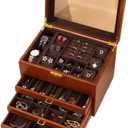 Bescott 5 Layer Solid Wooden Jewelry Box with Lock and Key for Women Men Vintage Velvet Wood Jewelry Organizer Storage for Earrings Rings Necklaces Bracelet Watch Mothers Day Gift (Deep brown velvet)