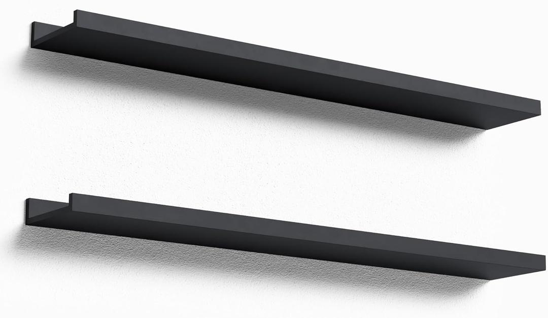 35.4 Inches Long Floating Shelves Wall Mounted, 2 Set Modern Black Wall Shelf for Bedroom, Nursery Book Shelf with Lip, Picture Ledge Shelf for Decor Living Room Bathroom Kitchen- Black