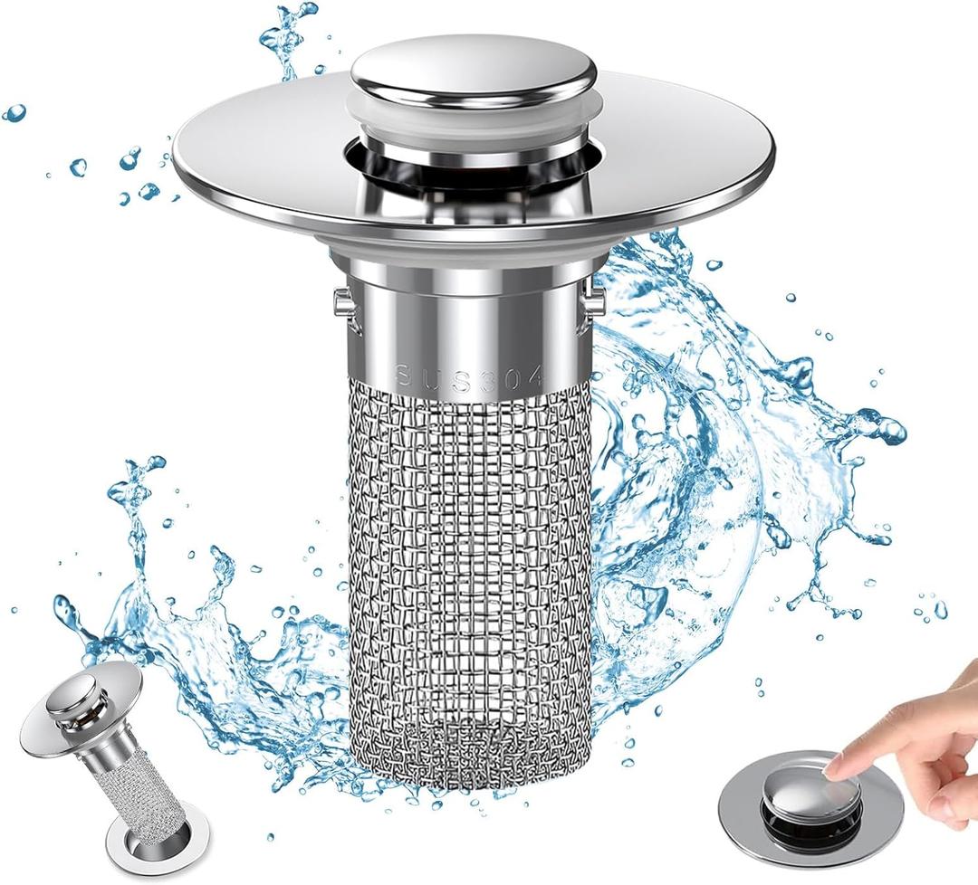 Bathroom Sink Drain Strainer, Pop Up Sink Drain Filter with Removable Stainless Steel Filter Basket Hair Catcher, Bathroom Sink Drain Stopper, for Us Bathroom Sink Stopper Replacement (1pcs)