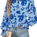 MASCOMODA Womens V Neck Floral Long Sleeve Tops 2025 Summer Casual Loose Puff Sleeve Chiffon Boho Work Blouse Dressy T Shirts (Blue, M)