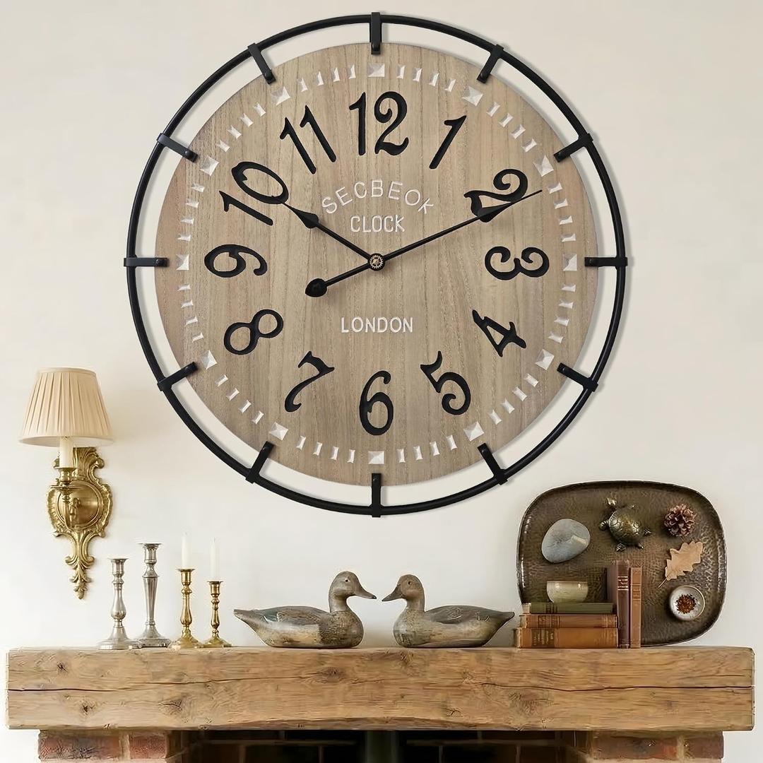 24 Inch Large Farmhouse Wall Clock, Metal Rustic Wood with Silent Quartz Movement, Easy Read Arabic Numerals, Battery Powered Round Decorative Wall Clock for Living Room Bedroom Kitchen Office, Black (Arabic Numerals), 24in