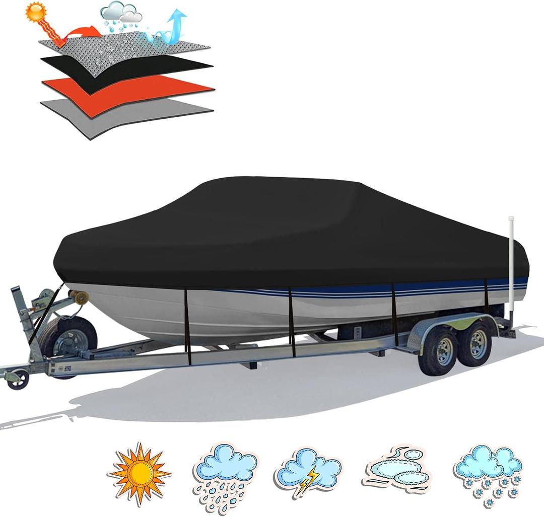 Heavy Duty 1200D PU Waterproof Boat Cover, 17'- 19' Trailerable Marine Grade Polyester Canvas, Fits 17-19ft V-Hull, Bass Boat, Runabout, Ski, Fishing Boat with Tightening Strap, Black