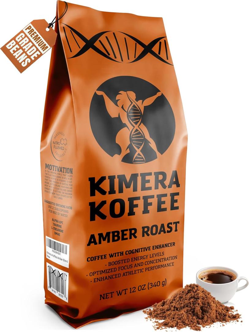 Kimera Koffee - Organic Honey Processed Light Roast Ground Coffee | Amber Blend | Infused with Brain Vitamins |Taurine, Alpha GPC, DMAE, and L-theanine | Enhance Cognitive Stamina | Optimize Focus & Concentration | Enhance Athletic Performance | 12oz (EXP 02/07/26)