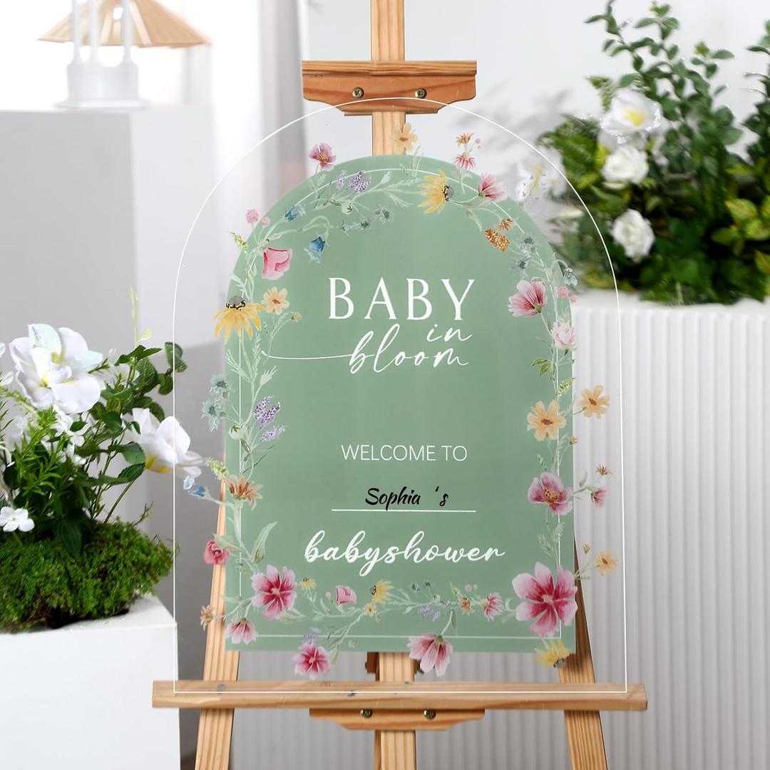 Yousoontic 24" x 18" Acrylic Baby Shower Welcome Sign Baby in Bloom Wildflowers Welcome Sign Large Wildflowers Display Stand Decoration for Garden Ceremony Lawn Outdoor Indoor (Not Include a Stand), 18.11 inches x 24.02 inches