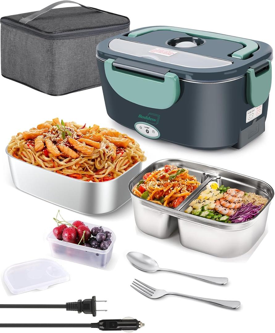 Buddew Electric Lunch Box 80W Food Heater with Dual Container, Portable Lunch Warmer for Adults, Upgraded Heated Lunch Box for Car/Truck/Office (GREEN-Dual Container)