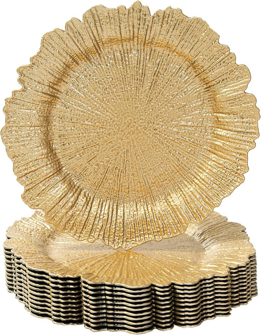 MAONAME Gold Charger Plates Set of 12, Reef Plate Chargers for Dinner Plate, Round Plastic Table Chargers for Thanksgiving, Christmas