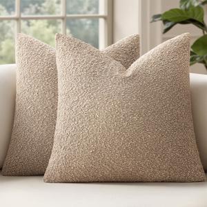 MIULEE 16x16 Inch Decorative Pillow Covers for Couch Bed Set of 2 Textured Boucle Neutral Throw Pillow Covers Taupe Khaki Camel Accent Solid Pillowcases Sofa Living Room Home Decor