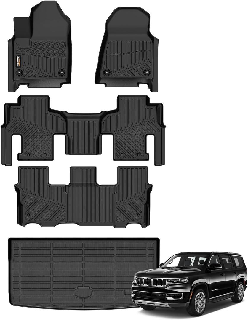 Binmotor-All Weather Car Floor Mats Cargo Liner for Jeep Wagoneer 2022-2025 (Not for Wagoneer L Version), 8 Passenger, TPE Liners for Jeep Wagoneer Accessories Cargo Trunk Mat-Black