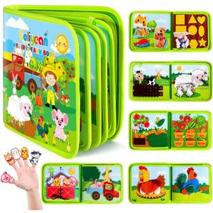 GOLIYEAN Busy Book for Toddlers 1-3, Montessori Toys for 1 Year Old Boy Girl Birthday Gifts, Busy Board Educational Toys for 1 Year Old Boys, Farm Animals Activity Books Airplane Car Travel Toy (Green)