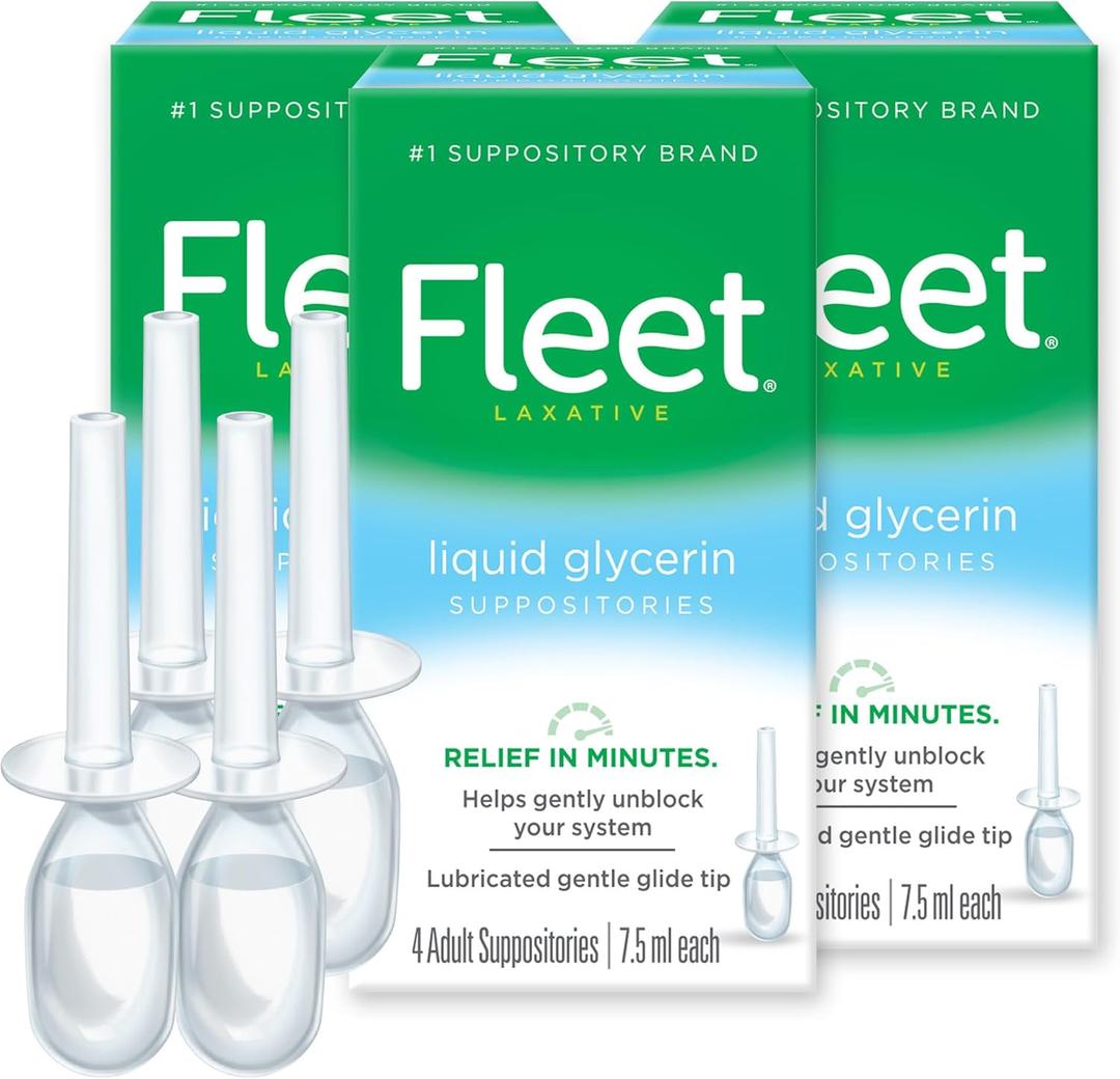 Fleet Liquid Glycerin Suppositories for Constipation Relief, Fast and Effective Stimulant-Free Laxative, 4 Bottles per Pack, 7.5 mL Each, Pack of 3