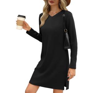 Womens Long Sleeve Dress Casual V Neck T-Shirt Dress Side Slit Loose Fit Fall Fashion Travel Airport Outfits (Large, Black)