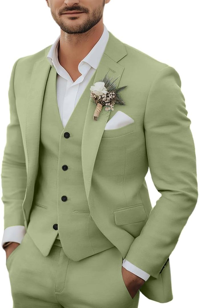 Men's 3 Piece Linen Suits Casual Lightweight Blazer Jackets Vest Pants Set for Wedding Business Prom Suit (Light green, Large)