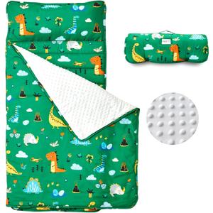 beeweed Toddler Nap Mat, Rollup Design Kid Sleeping Mat with Removable Pillow & Minky Blanket, Toddler Sleeping Bag for Daycare Preschool Travel Camping (Dinosaur)