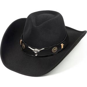 Women & Men Felt Western Cowboy Hat Classic Roll Up Brim Belt Buckle Cowgirl Fedora (M) (Black)