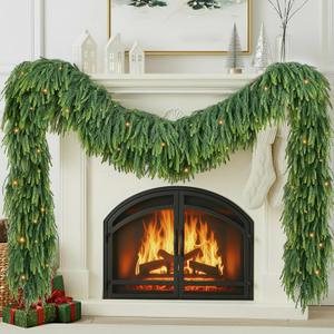 Christmas Garland for Mantle Outdoor - Decoraitons with Light 9ft Prelit Greenery Norfolk Pine Garlands for Stairs Railing Realistic Light Up Home Decoration for Indoor Fireplace Decor NEW-2SNFK-9FT-1