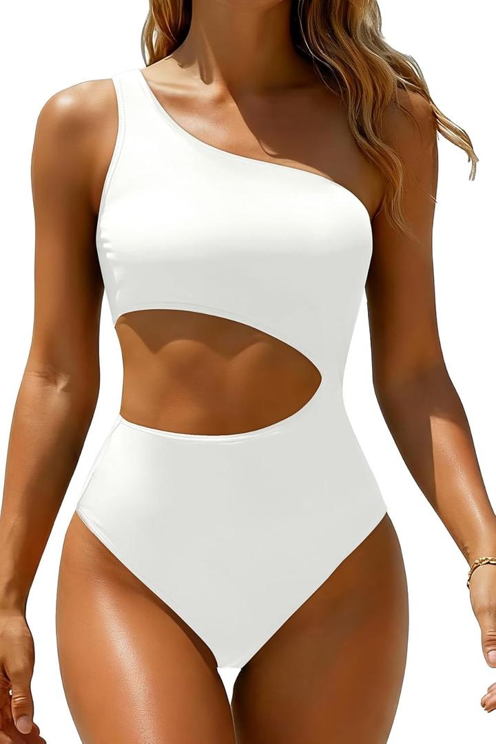Women's One Piece Swimsuit- One Shoulder Bathing Suit Cutout Tummy Control Swimwear (White, M)