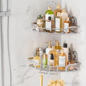 LEVERLOC Powerful Suction Cup Corner Shower Caddy 2 Pack, Stainless Steel Rustproof Shower Shelf with Hooks, Drill-Free Wall Mounted Bathroom Organizer, Large Capacity Removable Suction Basket, Silver