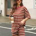 Shorts Sets Women Striped Outfits Oversized T Shirts 2025 Striped Lounge Wear Summer Outfits Tracksuit (Brown, L)
