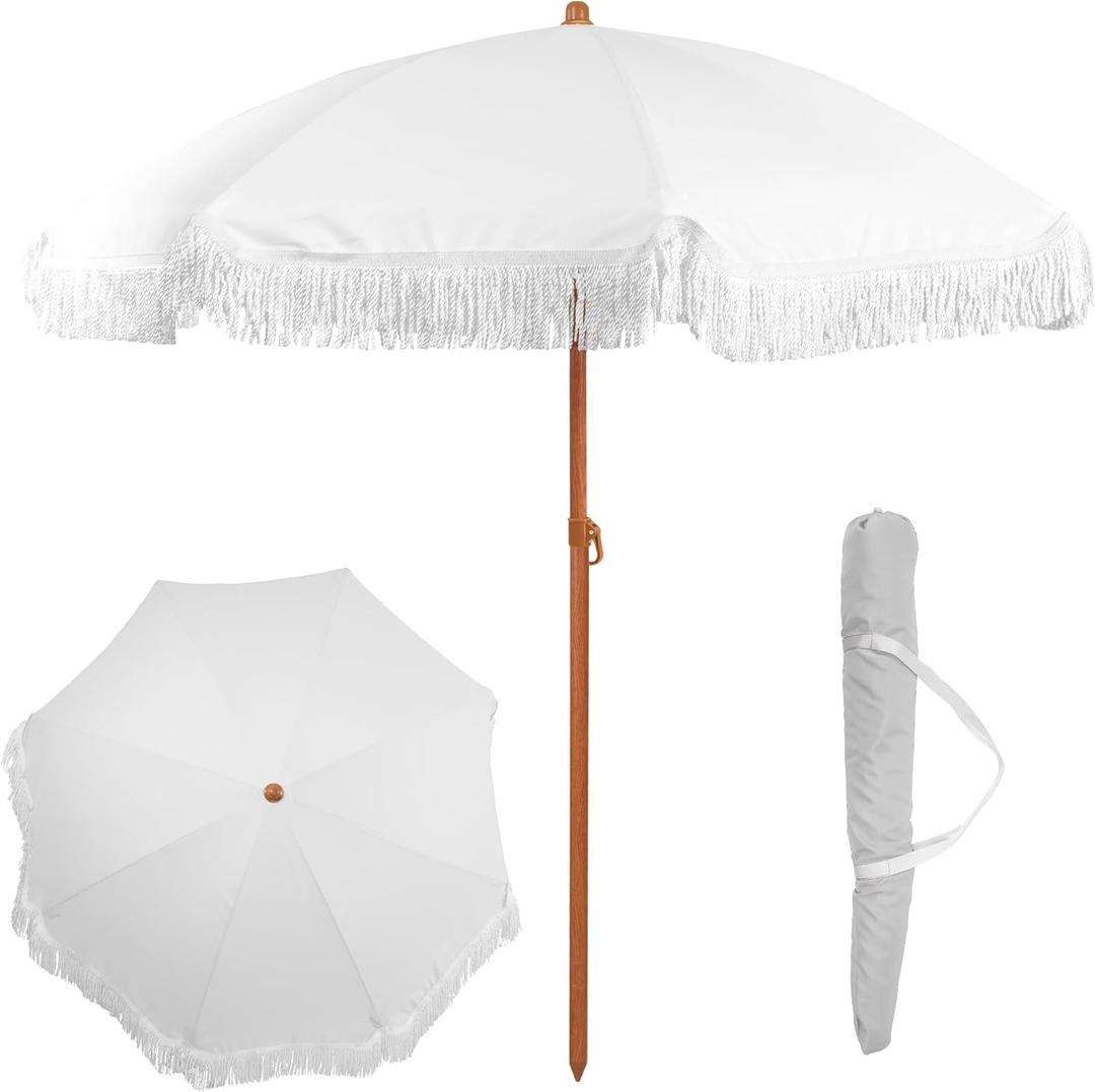 6 Ft Fringe Patio Umbrella - Outdoor Umbrella for Patio, Pool, Table, Garden, Deck, Beach, and Outdoors - Fashionable Boho Vintage Tassels & Wood Print - Push Button Tilt Pole