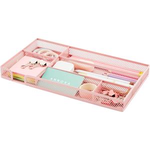 Annova Desk Drawer Organizer Tray for Office Organization - Metal Mesh - Storage Tray with Dividers for Pens, Desktop Accessories, Bathroom, Kitchen, Makeup and Office Supplies (Small, Light Pink)
