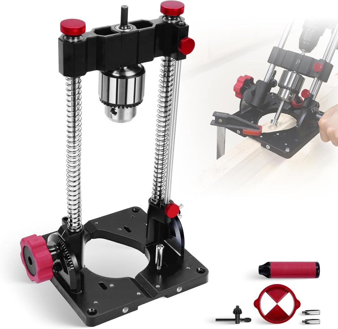 Portable Drill Guide & Drill Press Adapter, 0 to 60 Degree Adjustable Angle Guide, Heavy-Duty Construction with 1/2" Chuck for Hand Drill