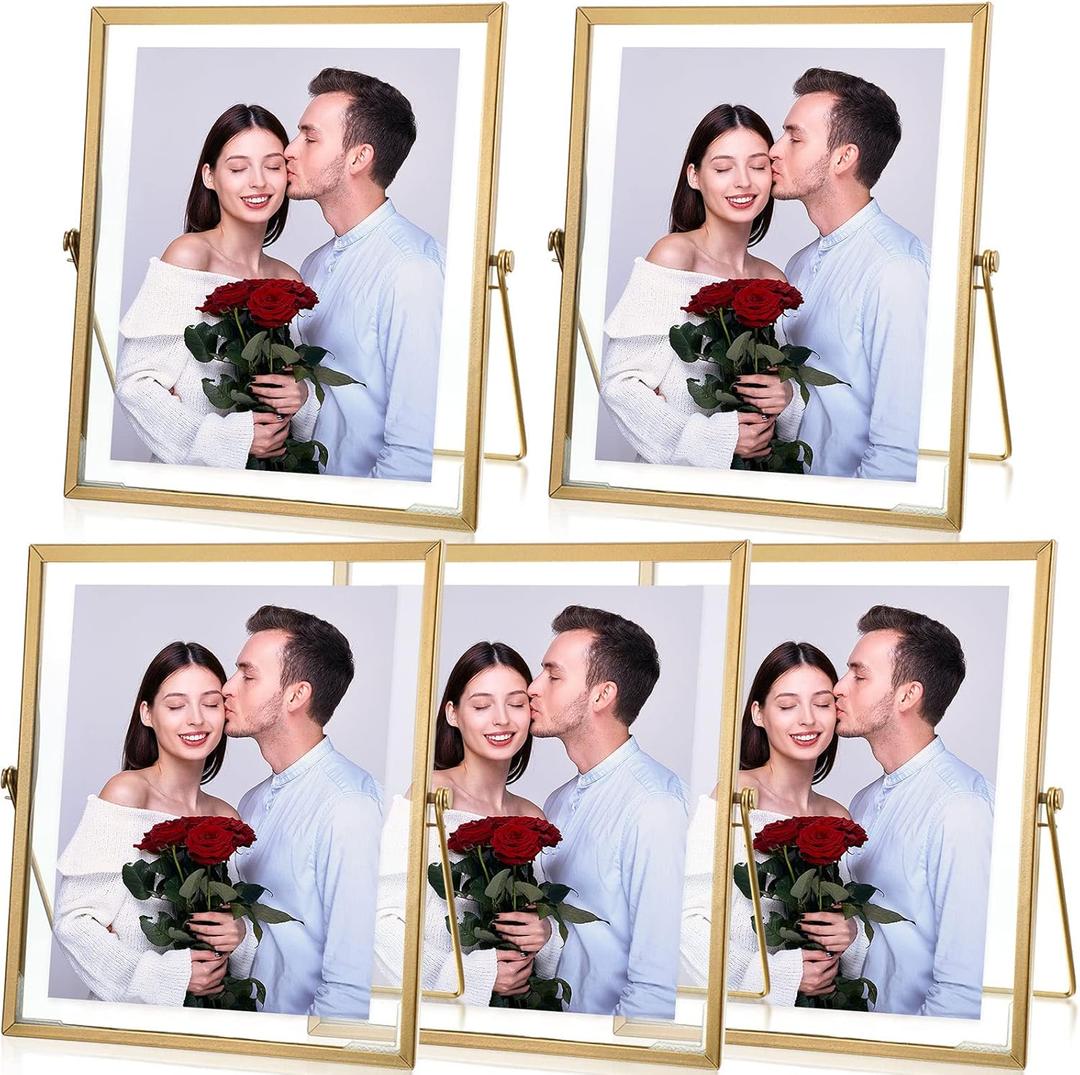 Fainne 5 Pack 8''x10'' Gold Floating Frames Metal Glass Floating Picture Photo Frames Vertical Tabletop Display for Wedding Valentine Pictures Photos Desk Souvenir Decor