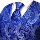 Hi-Tie Silk Mens Suit Vest Tie and Bowtie Lapel Pin Gold Tie Clip Paisley Floral Waistcoat 8PCS Set Tuxedo Wedding Party (Blue)