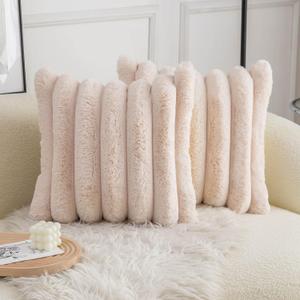 Neelvin Beige Faux Fur Cozy Soft Striped Decorative Throw Pillow Covers 18x18 inch Set of 2,Velvet Pillowcase Cushion Case for Sofa Couch
