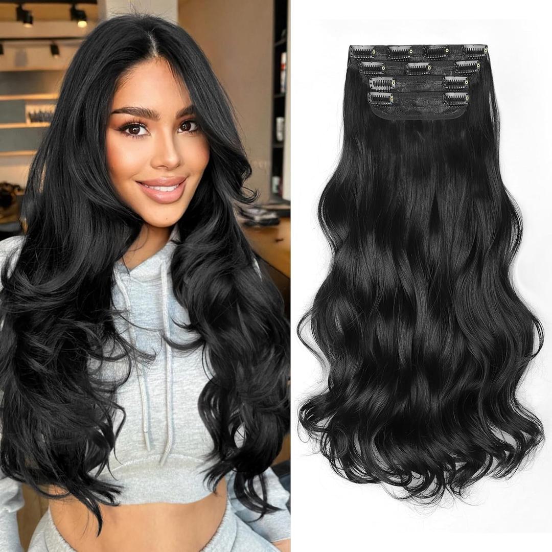 KooKaStyle Clip In Hair Extensions, Natural Long Layered Soft Invisible Synthetic Curly Wavy Hairpieces for Women, 4 pcs (20 Inch, Black)