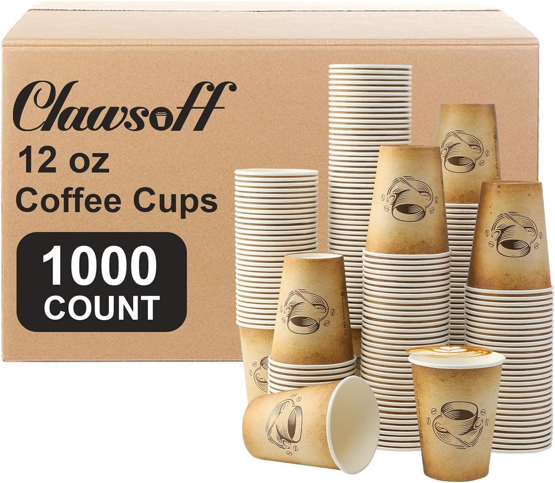 12 oz 1000 Pack Disposable Paper Coffee Cups, Hot/Cold Beverage 12oz Disposable Coffee Cups, Retro Design, Leak-Proof, Hot or Cold Drink, Cocoa, Chocolate, Coffee Bar Supplies