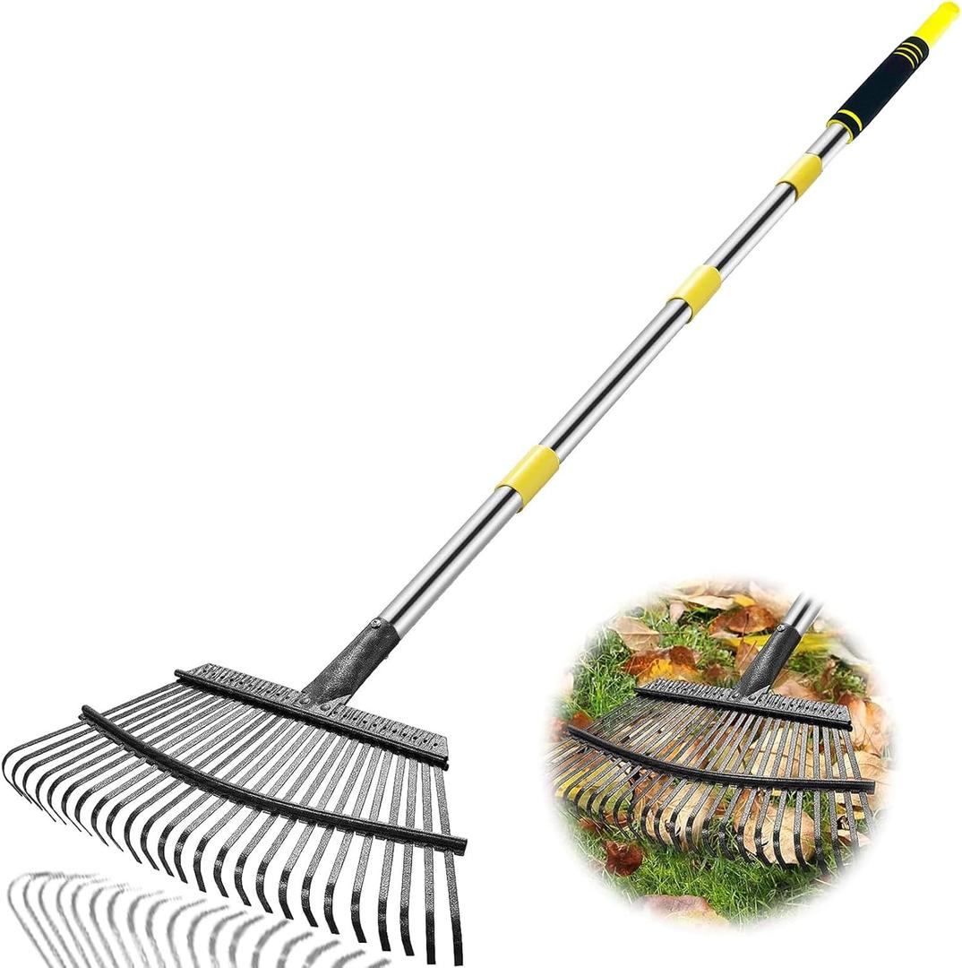 Rake Heavy Duty 6FT Long Garden Rake , 18.5 Inch Wide Leaf Rake for Lawns, 25 Metal Tines, Adjustable Stainless Steel Handle, Rakes for Leaves, Yards, Grass, Garbage, Weeds, Debris (Yellow)