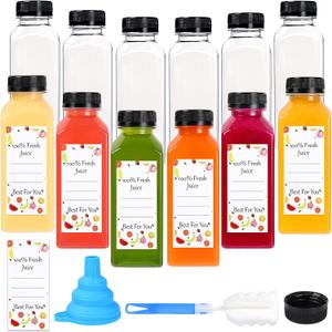 12 Pack Plastic Juice Bottles Empty Bottles with Caps Reusable Juice Containers with Leak-Proof Lids Black, Clear Bottles for Juicing, Milk, Smoothie, Drinking, and Beverages Christmas Gifts (12 OZ)