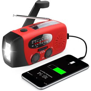 RunningSnail Emergency Hand Crank Radio With LED Flashlight For Emergency, AM/FM NOAA Portable Weather Radio With 2000mAh Power Bank Phone Charger, USB Charged & Solar Power For Camping, Emergency, Red