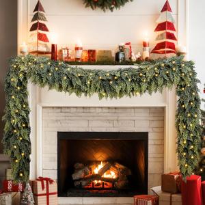 9FT Artificial Cedar Christmas Garland with 120 LED Lights - Real Touch Winter Pine Garland, Green Artificial Greenery Garland for Table, Mantle, Wall, Indoor, Outdoor Christmas Decorations