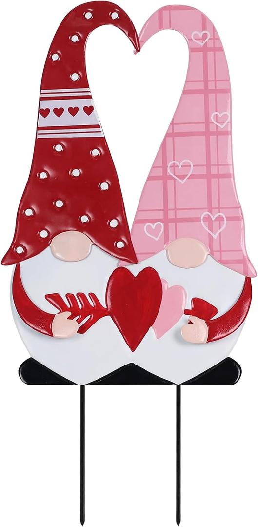 YEAHOME Valentines Day Decorations Outdoor, Red Pink Gnomes Decorative Garden Stakes with Arrow Heart for Valentines Day Decor, Metal Yard Stakes for Home Garden Porch Lawn Wedding Anniversary Party