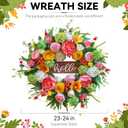 Spring Wreath for Front Door, 24 Inch Artificial Spring and Summer Wreath with Peony, Rose, Orchid, Hydrangea and Gardenia Flowers, Peach, Berries and Hello Wooden Sign, Decor for Indoor Outdoor
